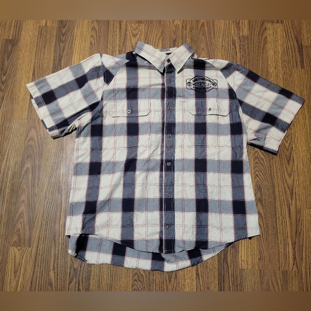 Harley Davidson Men’s XL Tan Gray Plaid Short Sleeve Button-Up Shirt Biker
